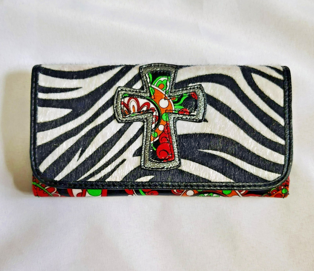 Zebra-print wallet colorful paisley cross accent